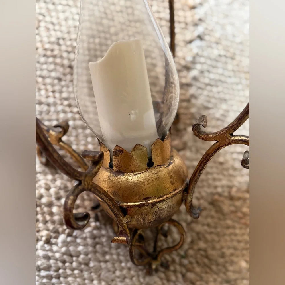 Vintage antique Italian gilded brass metal glass Gold Hanging Lantern fixture